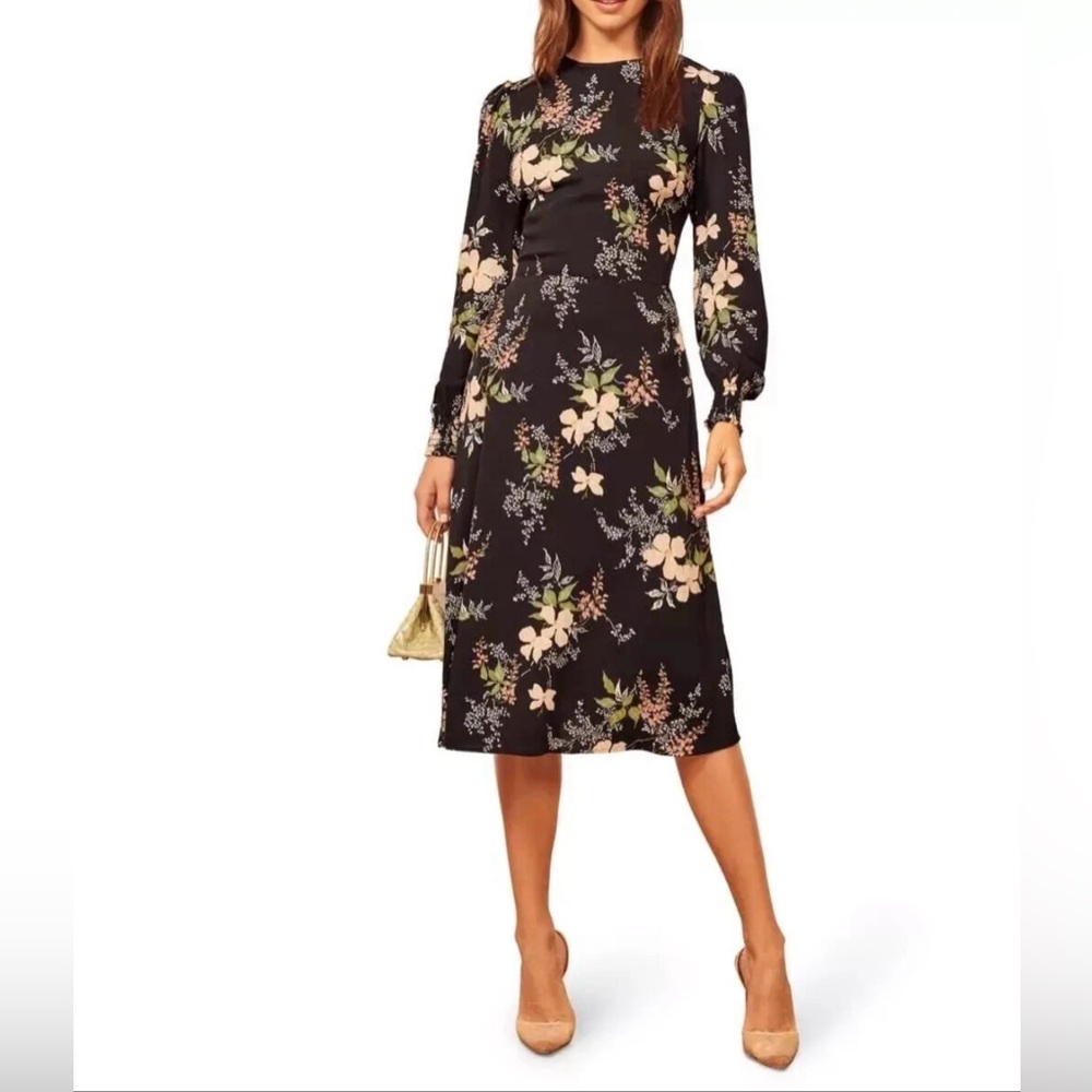 Reformation Black Floral Long-Sleeve Midi Dress  S 2